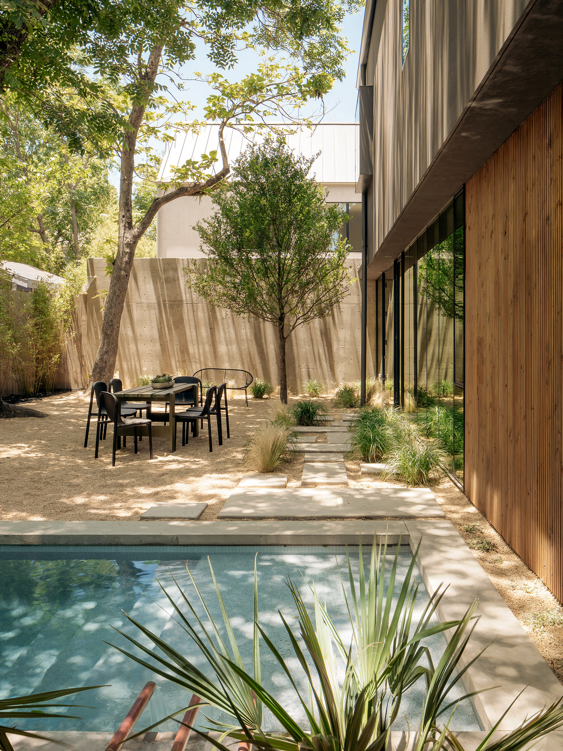 Rear courtyard with pool, bamboo, and concrete pavers